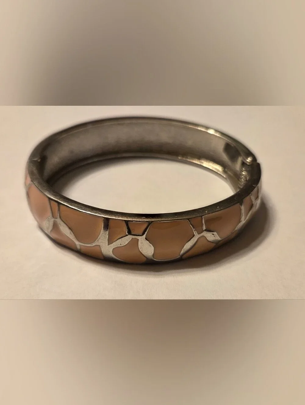 Vintage Light Pink Enamel and Silver-Tone Bangle Bracelet